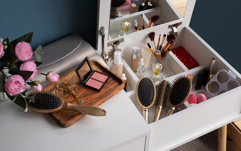 A serene vanity setup with Korean skincare and makeup arranged neatly
