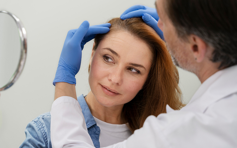 A stock photo of a dermatologist examining a sensitive scalp.