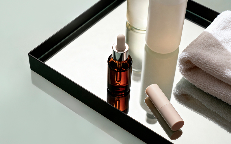 A stock photo of a lash serum placed with skincare products.
