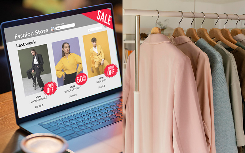 Side-by-side view of an online product page and a boutique shelf display