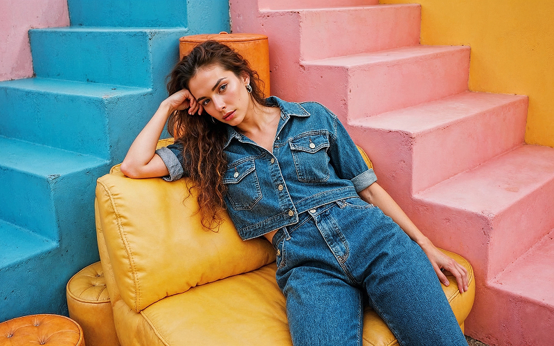 a makeup model wearing a stylish denim-themed outfit