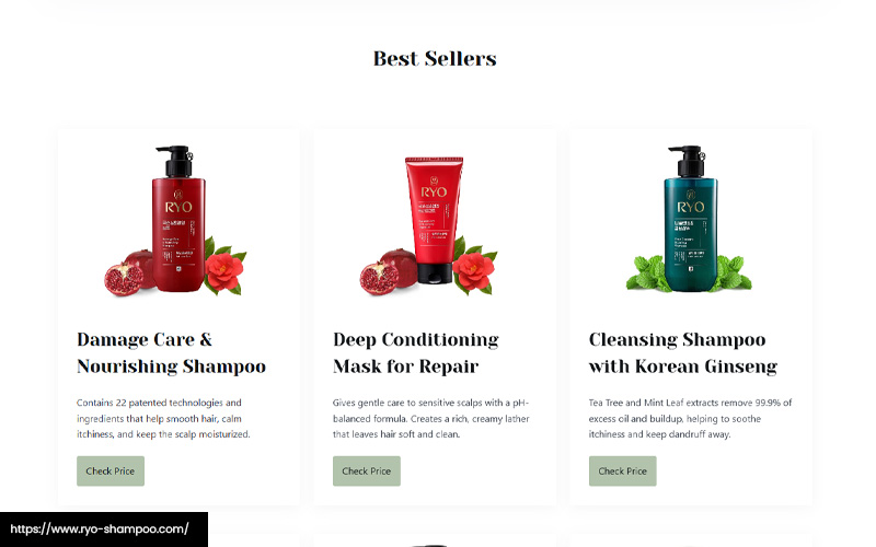a screenshot of Ryo’s shampoo products from their website