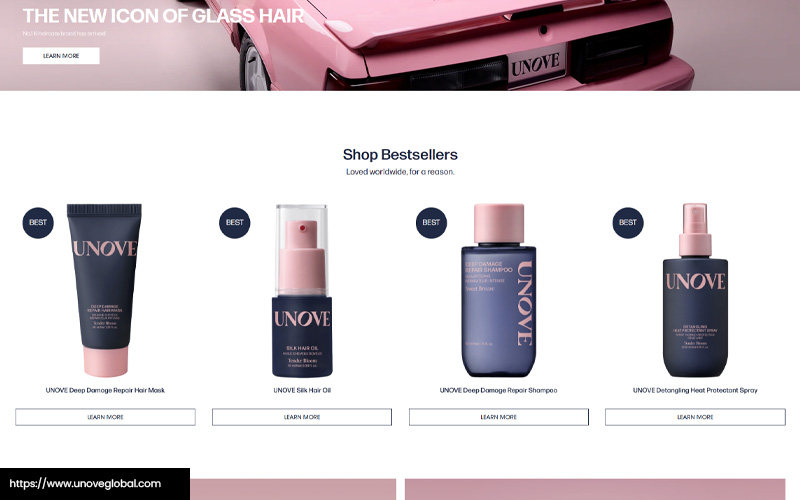 a screenshot of UNOVE’s shampoo products from their website