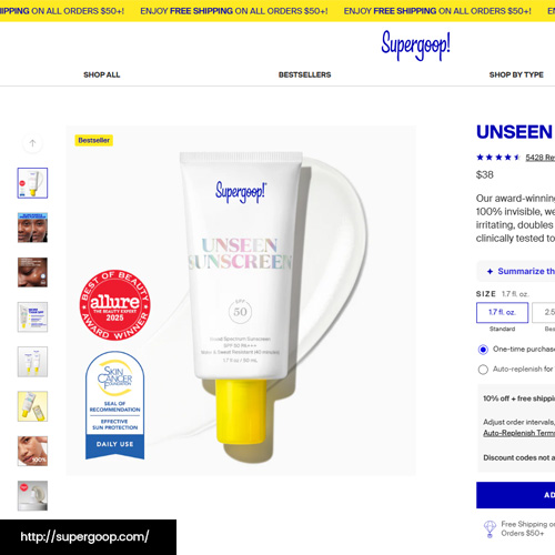 a small-sized product screenshot of Supergoop! Unseen Sunscreen SPF 50 from their website